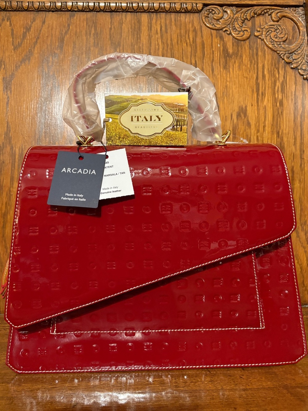 NWT-Arcadia-Marsala/Tan-Embossed Patent Leather-Top Handle Satchel-Strap-Italian